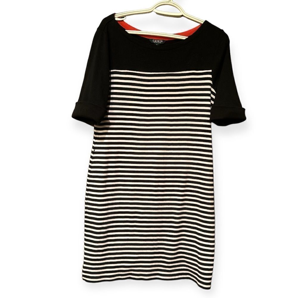 Lauren Ralph Lauren Black & White Stripes Dress Size XL 3/4 Length Sleeves